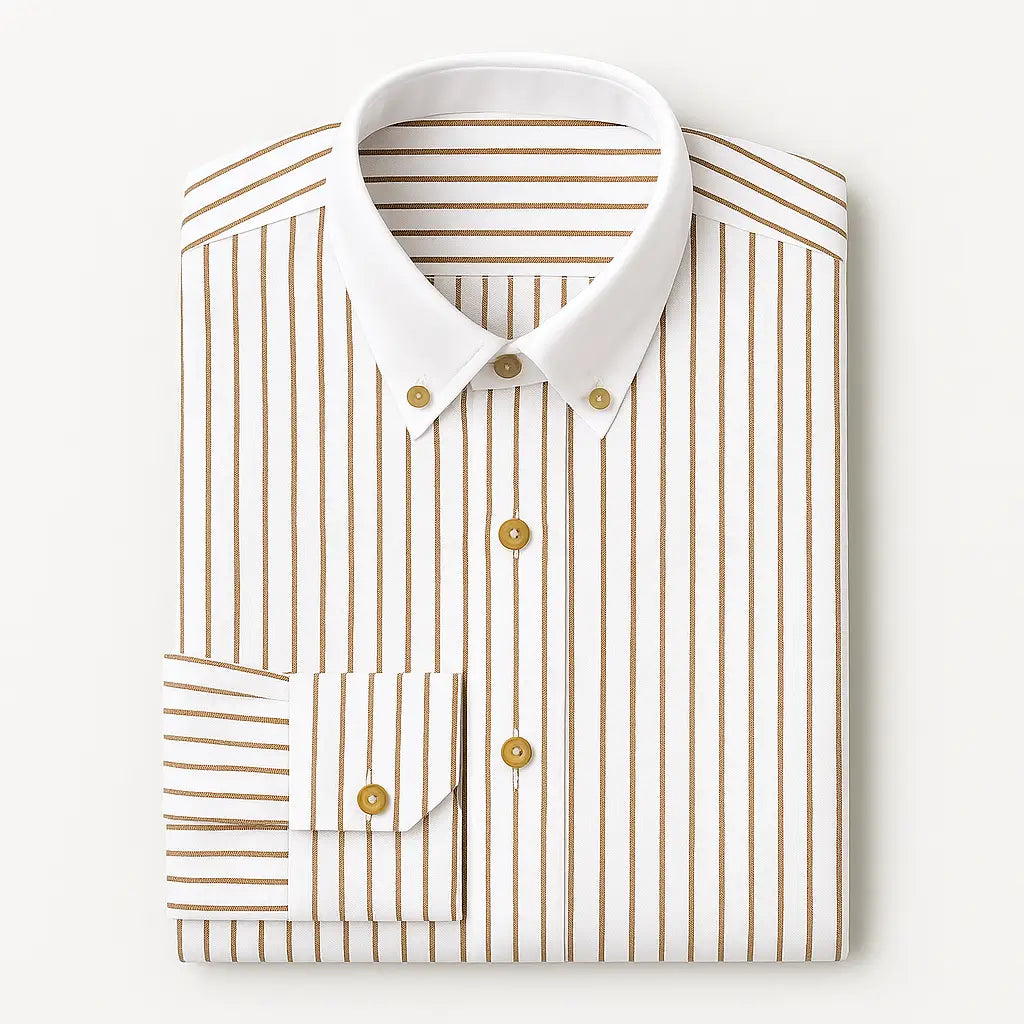 camisa social masculina slim fit branca com listras marrons em algodão, manga longa, gola estruturada e botões claros