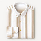 camisa social masculina slim fit branca com listras marrons em algodão, manga longa, gola estruturada e botões claros