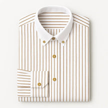 camisa social masculina slim fit branca com listras marrons em algodão, manga longa, gola estruturada e botões claros