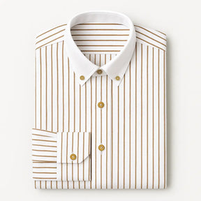 camisa social masculina slim fit branca com listras marrons em algodão, manga longa, gola estruturada e botões claros