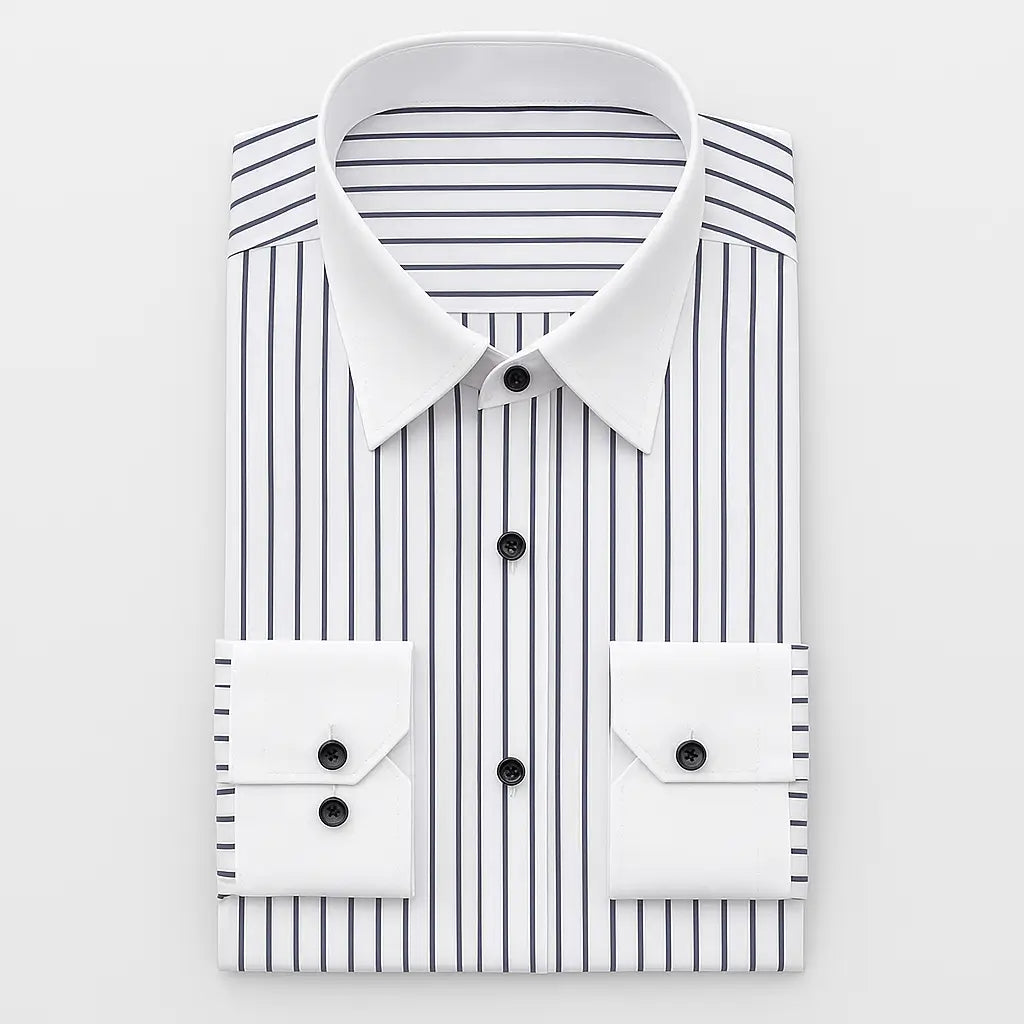 camisa social masculina slim fit branca com listras preta em algodão, manga longa, gola estruturada e botões claros