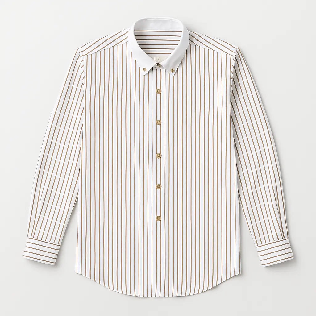 camisa social masculina slim fit branca com listras marrons em algodão, manga longa, gola estruturada e botões claros