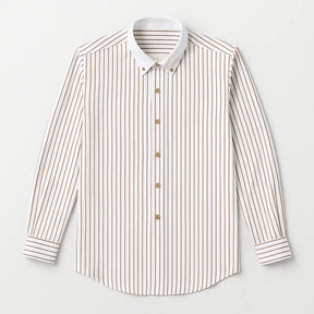 camisa social masculina slim fit branca com listras marrons em algodão, manga longa, gola estruturada e botões claros