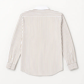 camisa social masculina slim fit branca com listras marrons em algodão, manga longa, gola estruturada e botões claros