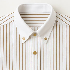 camisa social masculina slim fit branca com listras marrons em algodão, manga longa, gola estruturada e botões claros