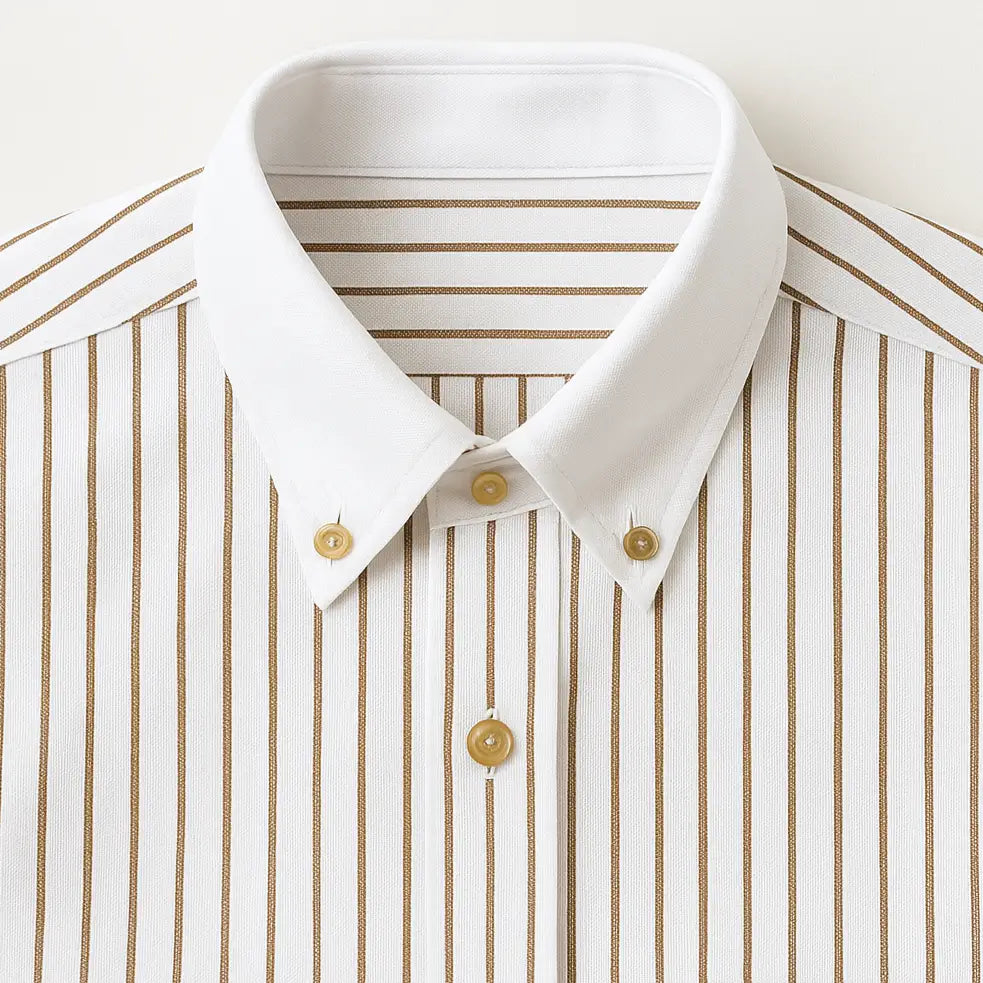 camisa social masculina slim fit branca com listras marrons em algodão, manga longa, gola estruturada e botões claros