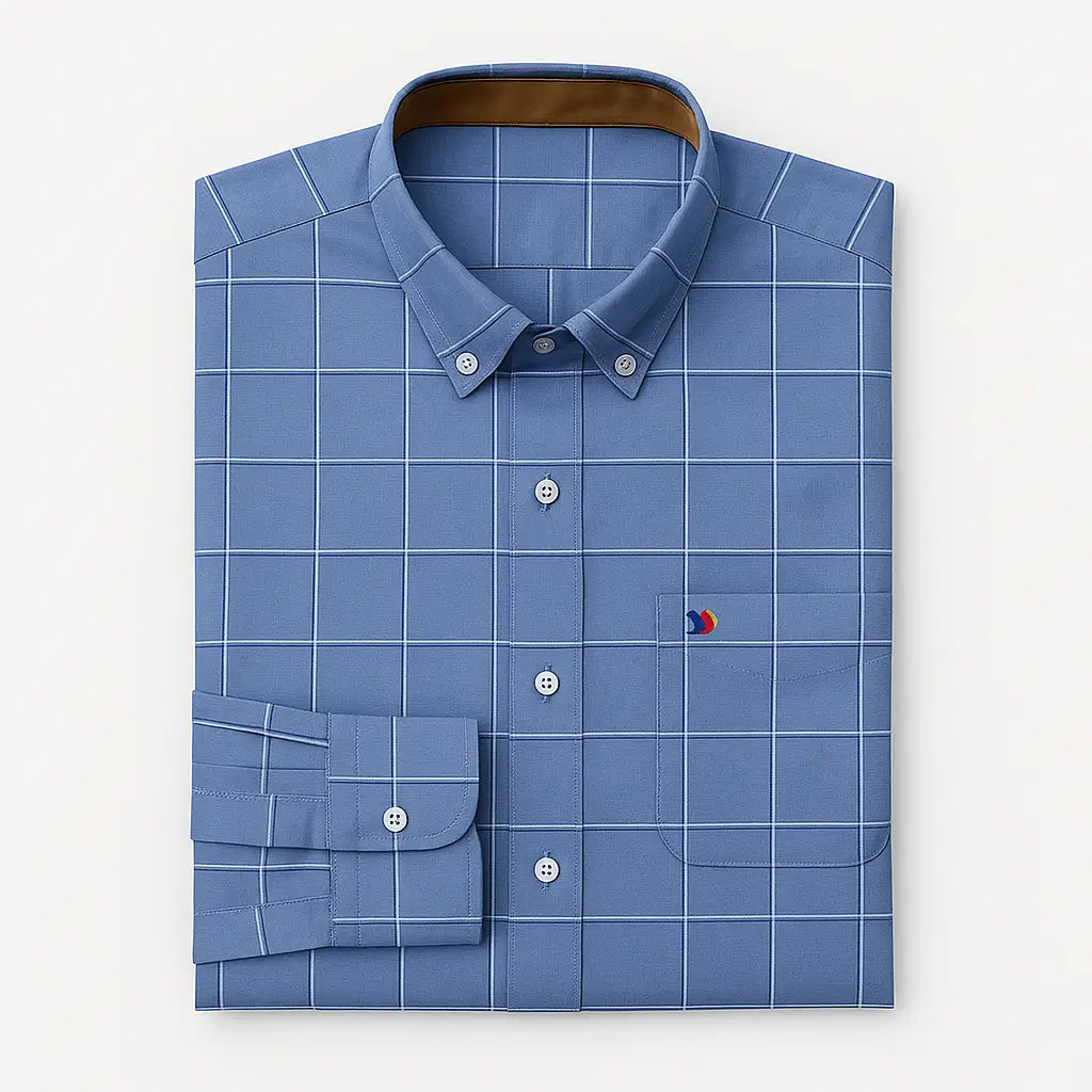 camisa social masculina slim fit oxford em algodão com padrão listrado/xadrez, manga longa, gola estruturada e caimento elegante