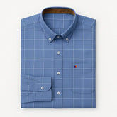 camisa social masculina slim fit oxford em algodão com padrão listrado/xadrez, manga longa, gola estruturada e caimento elegante