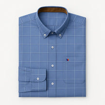 camisa social masculina slim fit oxford em algodão com padrão listrado/xadrez, manga longa, gola estruturada e caimento elegante