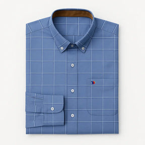 camisa social masculina slim fit oxford em algodão com padrão listrado/xadrez, manga longa, gola estruturada e caimento elegante