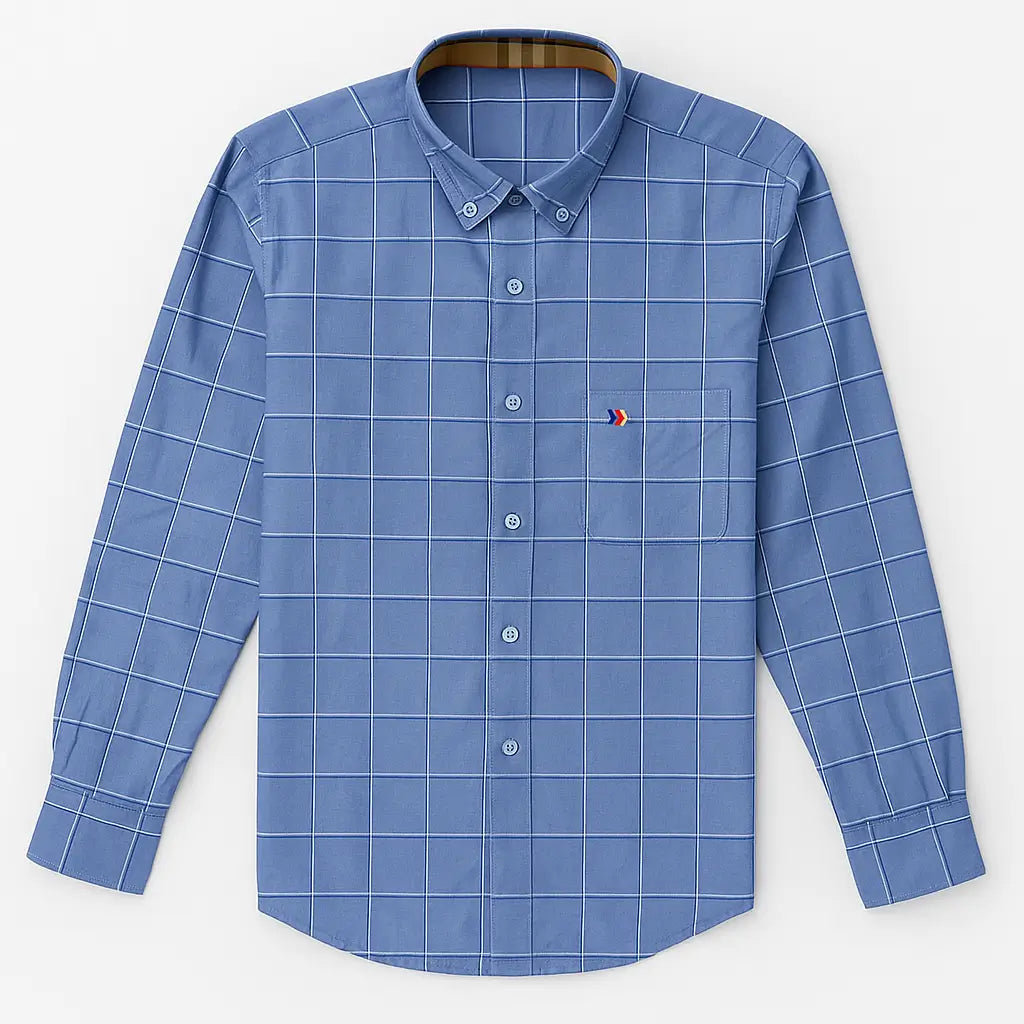 camisa social masculina slim fit oxford em algodão com padrão listrado/xadrez, manga longa, gola estruturada e caimento elegante