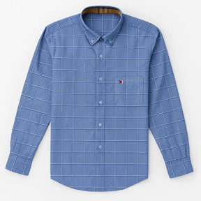 camisa social masculina slim fit oxford em algodão com padrão listrado/xadrez, manga longa, gola estruturada e caimento elegante