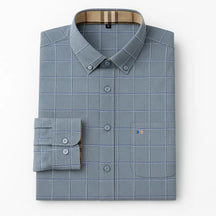 camisa social masculina slim fit oxford em algodão com padrão listrado/xadrez, manga longa, gola estruturada e caimento elegante