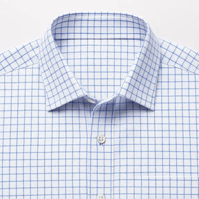 camisa social masculina slim fit branca com padrão xadrez azul em algodão, manga longa, gola estruturada