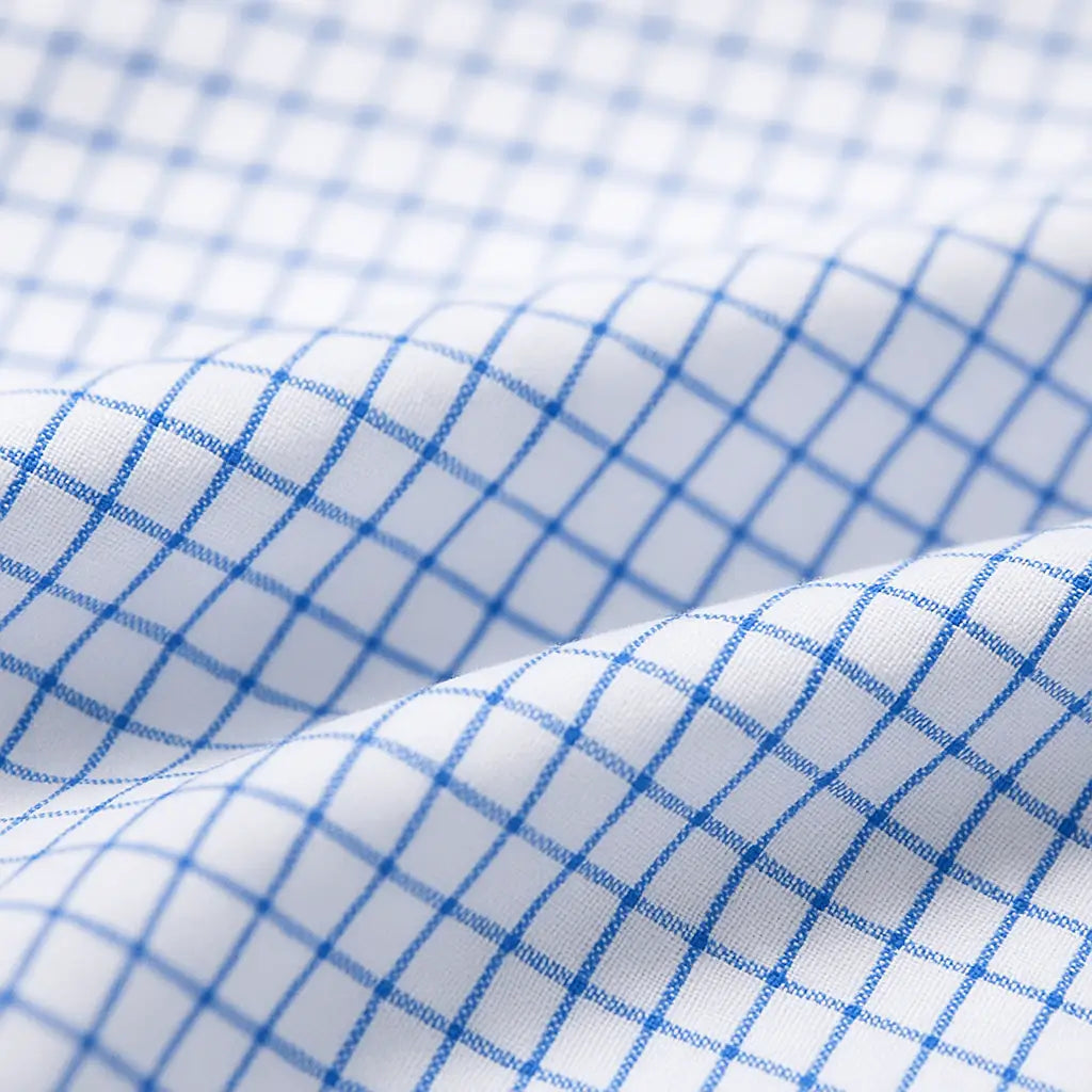 camisa social masculina slim fit branca com padrão xadrez azul em algodão, manga longa, gola estruturada