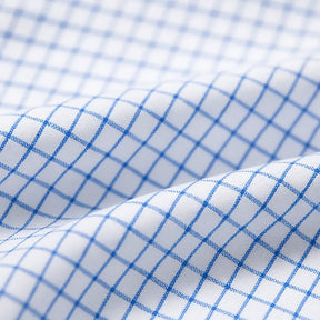 camisa social masculina slim fit branca com padrão xadrez azul em algodão, manga longa, gola estruturada