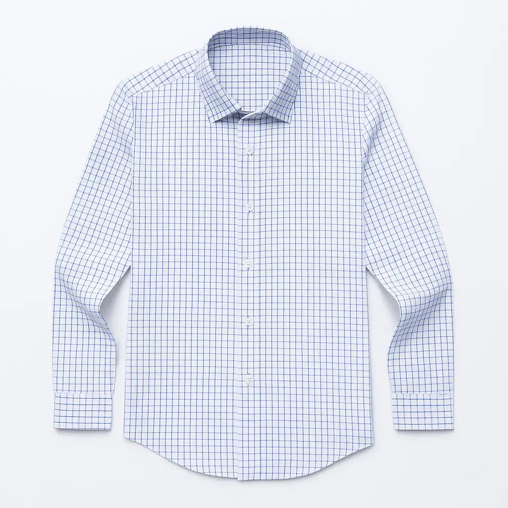camisa social masculina slim fit branca com padrão xadrez azul em algodão, manga longa, gola estruturada