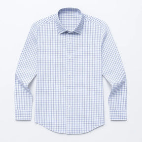 camisa social masculina slim fit branca com padrão xadrez azul em algodão, manga longa, gola estruturada