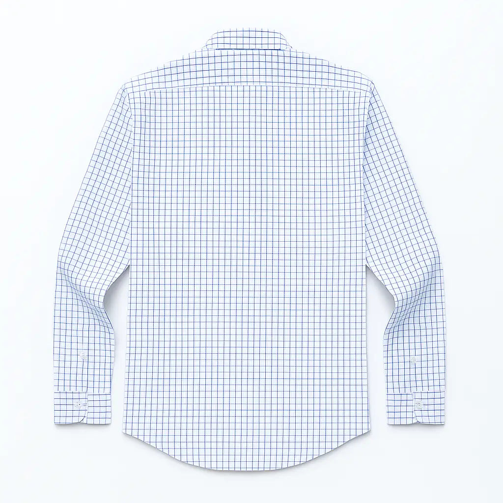 camisa social masculina slim fit branca com padrão xadrez azul em algodão, manga longa, gola estruturada