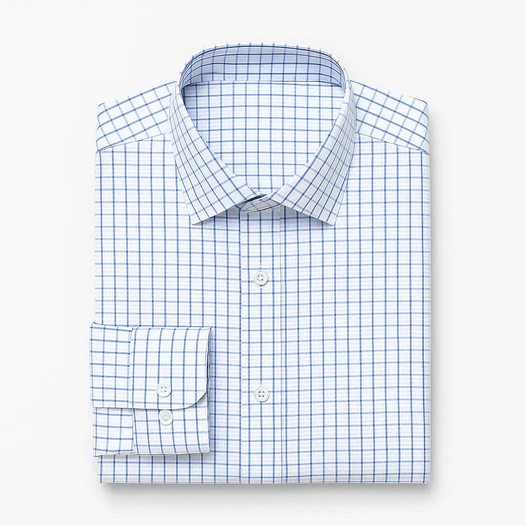 camisa social masculina slim fit branca com padrão xadrez azul em algodão, manga longa, gola estruturada
