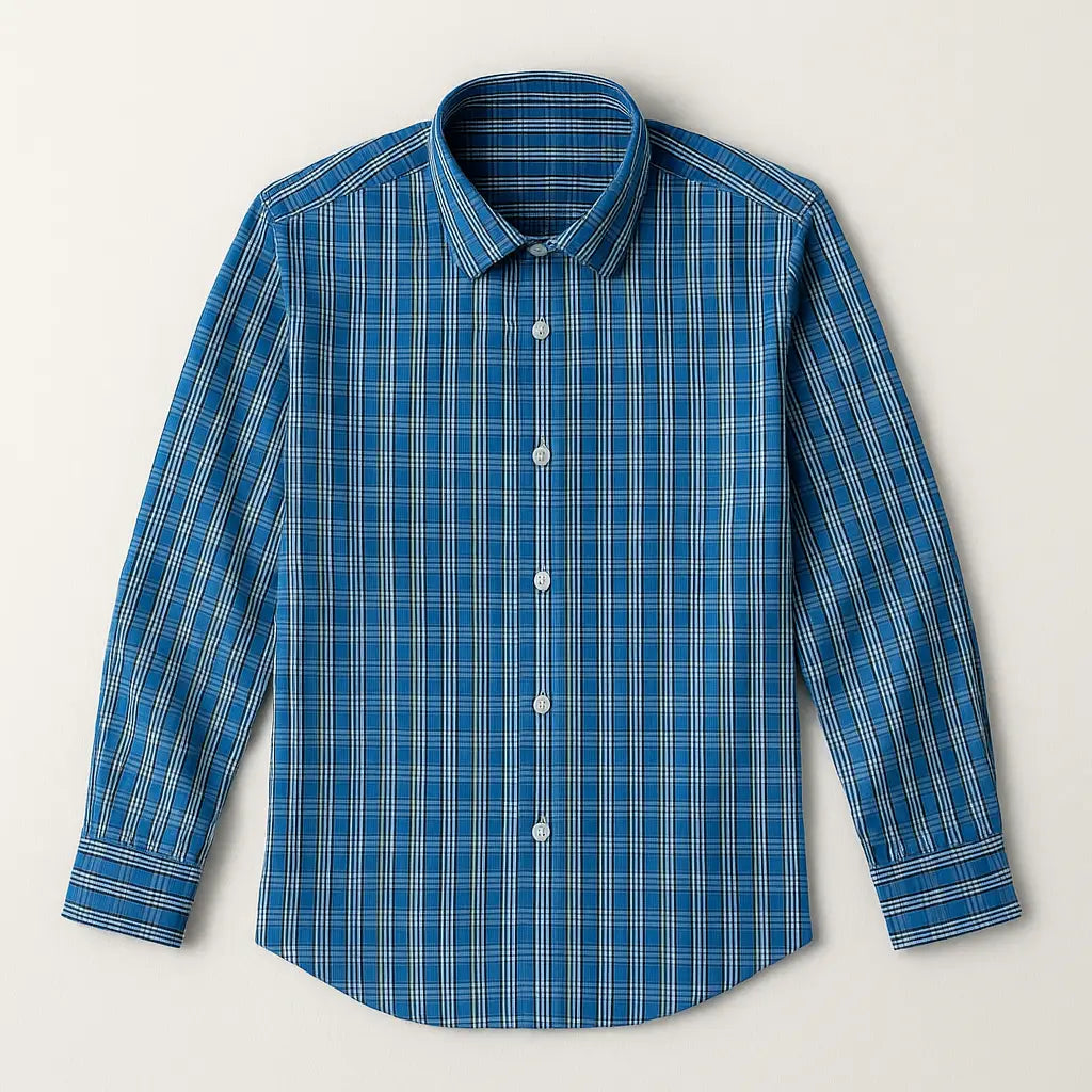 camisa social masculina slim fit azul com padrão xadrez branco em algodão com elastano, manga longa, gola estruturada e botões claros