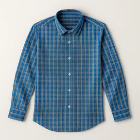 camisa social masculina slim fit azul com padrão xadrez branco em algodão com elastano, manga longa, gola estruturada e botões claros