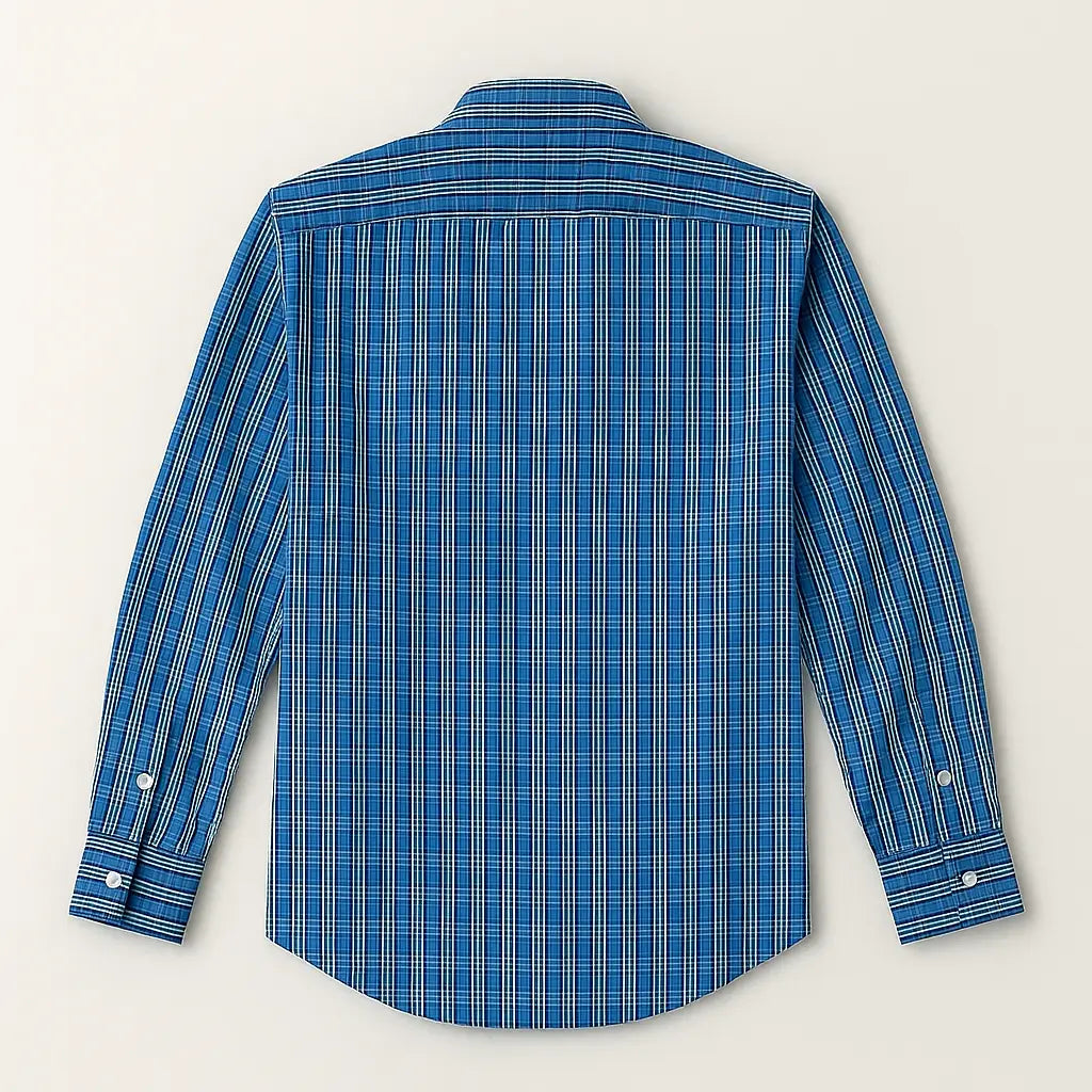 camisa social masculina slim fit azul com padrão xadrez branco em algodão com elastano, manga longa, gola estruturada e botões claros