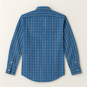 camisa social masculina slim fit azul com padrão xadrez branco em algodão com elastano, manga longa, gola estruturada e botões claros