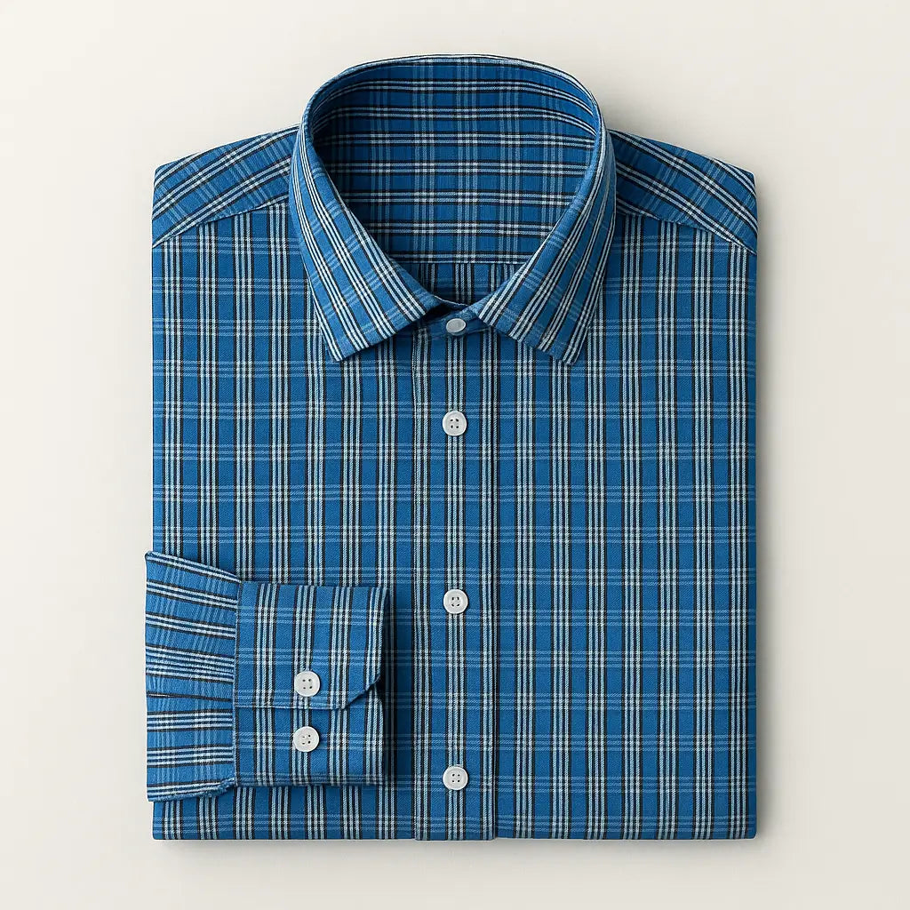 camisa social masculina slim fit azul com padrão xadrez branco em algodão com elastano, manga longa, gola estruturada e botões claros