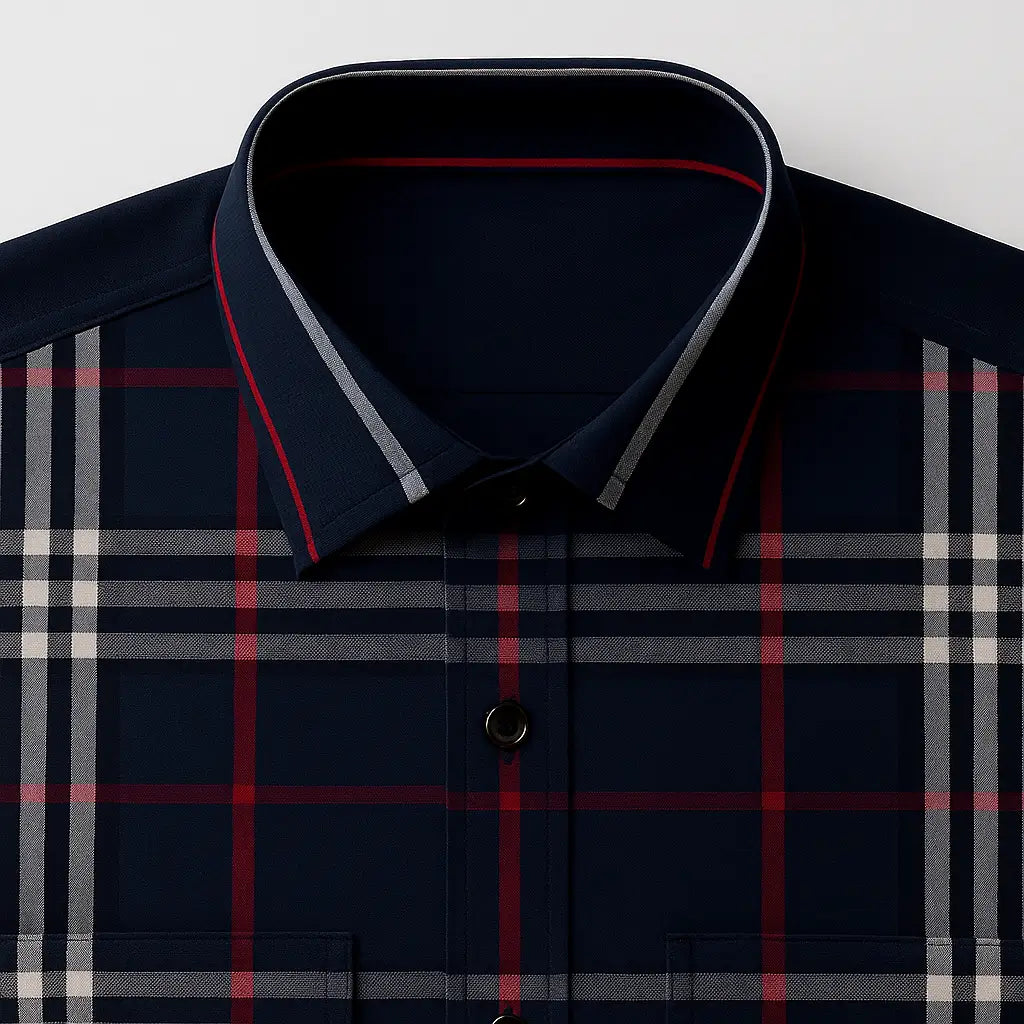 camisa social masculina slim fit azul marinho com padrão xadrez vermelho e branco em algodão, manga longa, gola estruturada e botões escuros