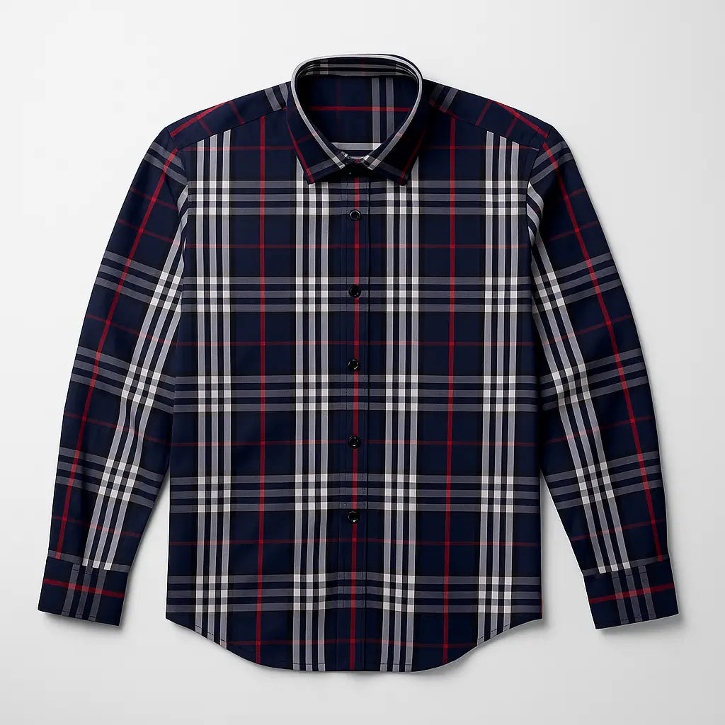 camisa social masculina slim fit azul marinho com padrão xadrez vermelho e branco em algodão, manga longa, gola estruturada e botões escuros