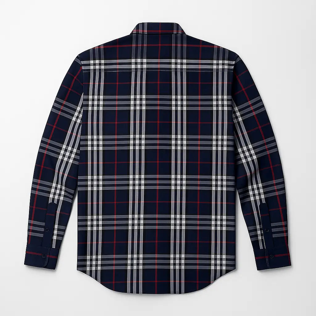 camisa social masculina slim fit azul marinho com padrão xadrez vermelho e branco em algodão, manga longa, gola estruturada e botões escuros