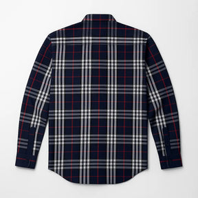 camisa social masculina slim fit azul marinho com padrão xadrez vermelho e branco em algodão, manga longa, gola estruturada e botões escuros