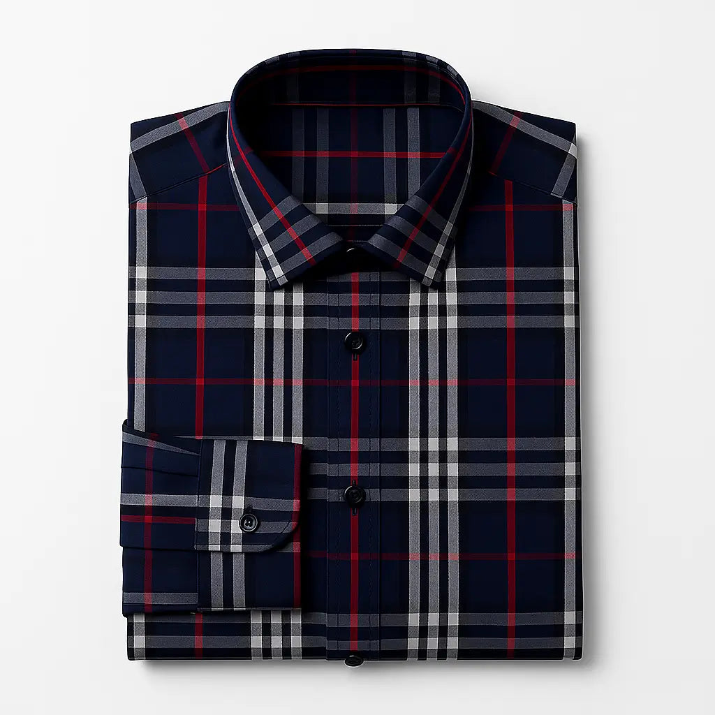 camisa social masculina slim fit azul marinho com padrão xadrez vermelho e branco em algodão, manga longa, gola estruturada e botões escuros