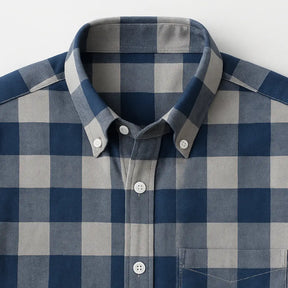 Camisa masculina xadrez slim fit em algodão premium, manga longa, azul e cinza, estilo casual moderno.