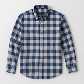 Camisa masculina xadrez slim fit em algodão premium, manga longa, azul e cinza, estilo casual moderno.