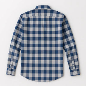 Camisa masculina xadrez slim fit em algodão premium, manga longa, azul e cinza, estilo casual moderno.