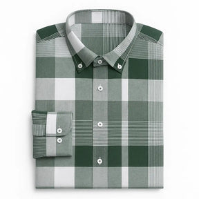 Camisa masculina Oxford xadrez slim fit em algodão premium, manga longa, verde e branco, estilo casual elegante.