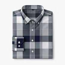 Camisa masculina Oxford xadrez slim fit em algodão premium, manga longa,cinza e branco, estilo casual elegante.
