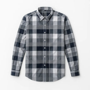 Camisa masculina Oxford xadrez slim fit em algodão premium, manga longa,cinza e branco, estilo casual elegante.