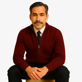 Cardigan masculino com zíper e gola alta. Elegante e versátil, ideal para outono e inverno. Conforto térmico com estilo refinado.
