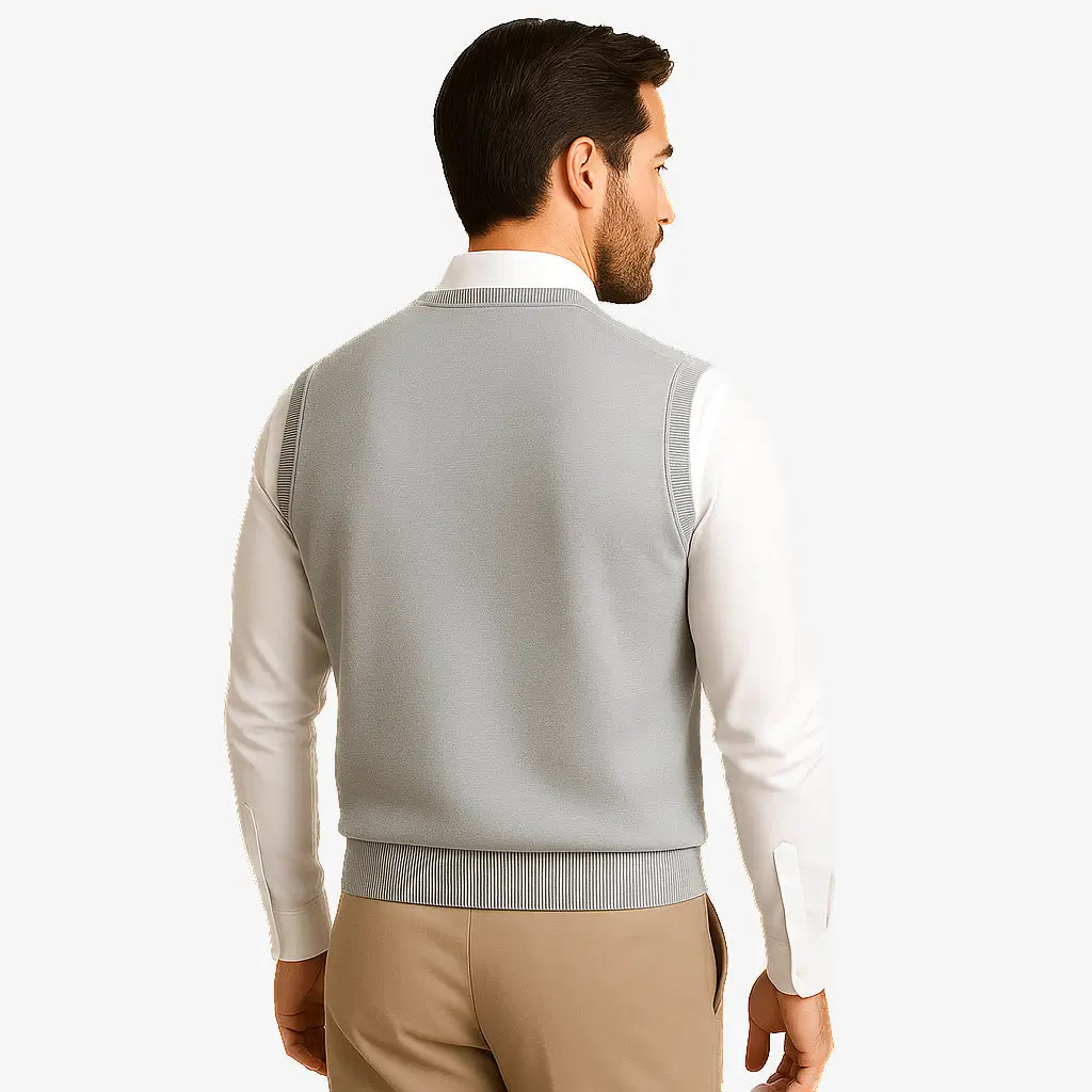 Homem usando colete masculino tricot slim cinza com gola V sobre camisa preta. Peça leve e elegante para dias de frio moderado.