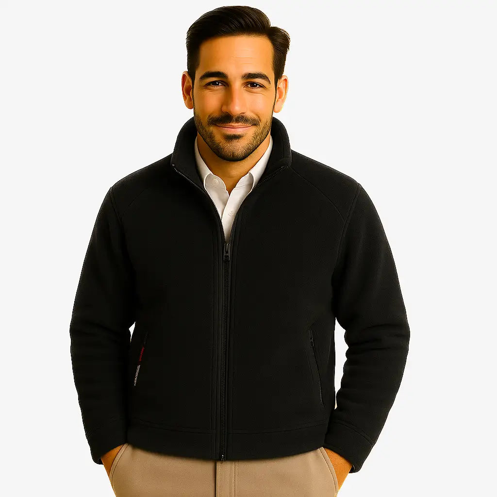 Jaqueta masculina em fleece com zíper frontal, ideal para dias frios. Confortável, leve e versátil para o outono e inverno.