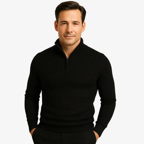 Homem elegante vestindo suéter preto com zíper e textura geométrica. Estilo casual sofisticado para o outono e inverno.