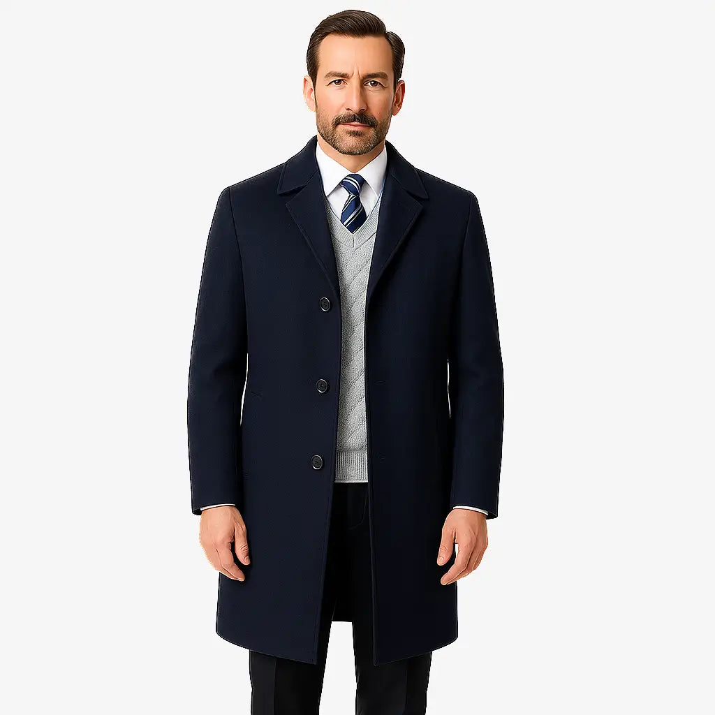Homem vestindo sobretudo azul marinho masculino longo em cashmere com gola clássica