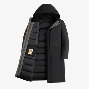  sobretudo masculino longo com capuz, bolsos frontais e gola alta