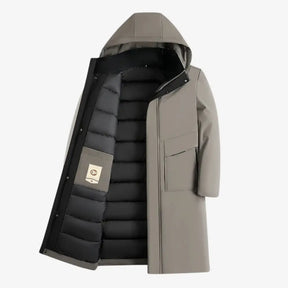  sobretudo masculino longo com capuz, bolsos frontais e gola alta