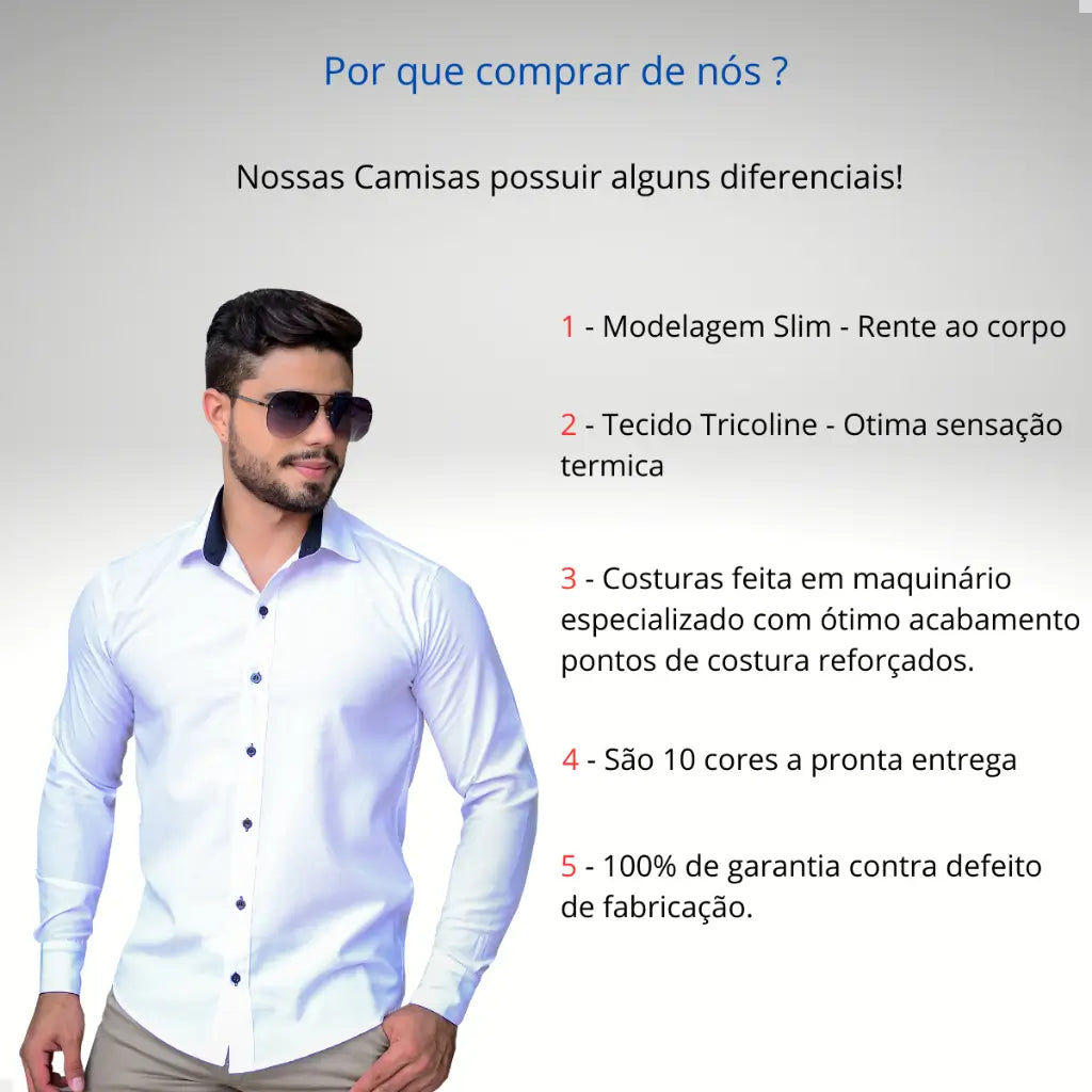 ￼Camisa Masculina Social Manga Longa Tricoline Luxo Exclusiva